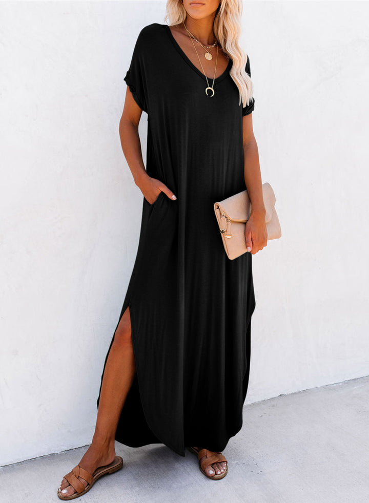 LC6118514-P2-S, LC6118514-P2-M, LC6118514-P2-L, LC6118514-P2-XL, Black Dokotoo Womens Summer Fashion Long Dress Short Sleeve Casual Loose Split Maxi Beach Dresses with Pockets