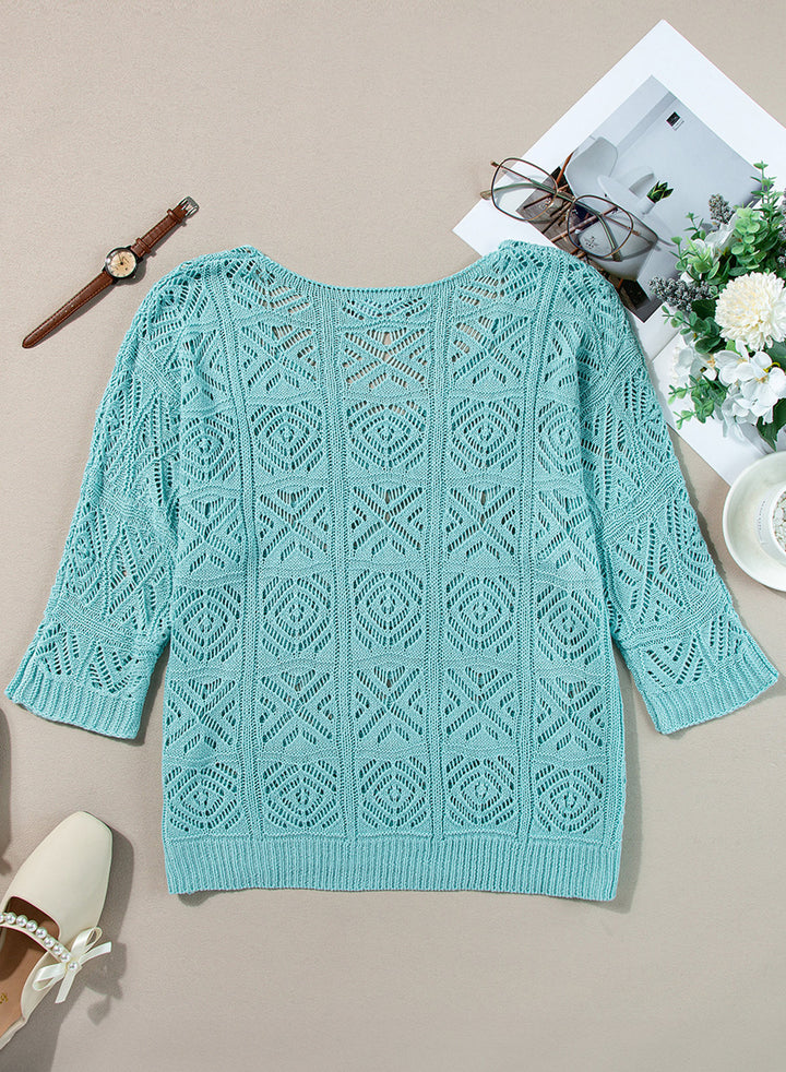 LC2724267-P4-S, LC2724267-P4-M, LC2724267-P4-L, LC2724267-P4-XL, LC2724267-P4-2XL, Light Blue Dokotoo Women's 2024 Spring Summer Crochet Hollow Out 3/4 Sleeve Pullover Sweater Off Shoulder T-Shirts