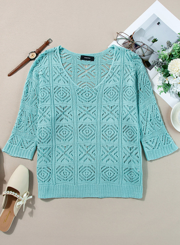 LC2724267-P4-S, LC2724267-P4-M, LC2724267-P4-L, LC2724267-P4-XL, LC2724267-P4-2XL, Light Blue Dokotoo Women's 2024 Spring Summer Crochet Hollow Out 3/4 Sleeve Pullover Sweater Off Shoulder T-Shirts