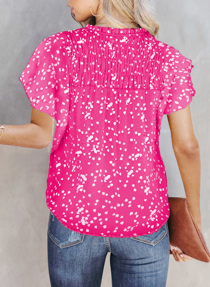 LC25125593-P1020-S, LC25125593-P1020-M, LC25125593-P1020-L, LC25125593-P1020-XL, LC25125593-P1020-2XL, Pink Dokotoo Women's Casual V Neck Alicia Floral Print Smocked Short Sleeve Chiffon Blouses Bohemian Top Shirts