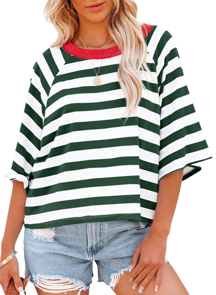 LC25223245-P919-S, LC25223245-P919-M, LC25223245-P919-L, LC25223245-P919-XL, Green Stripe Dokotoo Tops for Women Striped 2024 Fashion T Shirts for Women Color Blocking Design Loose Basic Tee