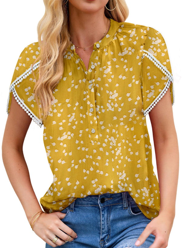 LC25125465-P720-S, LC25125465-P720-M, LC25125465-P720-L, LC25125465-P720-XL, LC25125465-P720-2XL, Yellow Dokotoo Womens Casual Boho Floral Print Short Sleeve Tops Half Button Down V Neck Chiffon Blouses Shirts