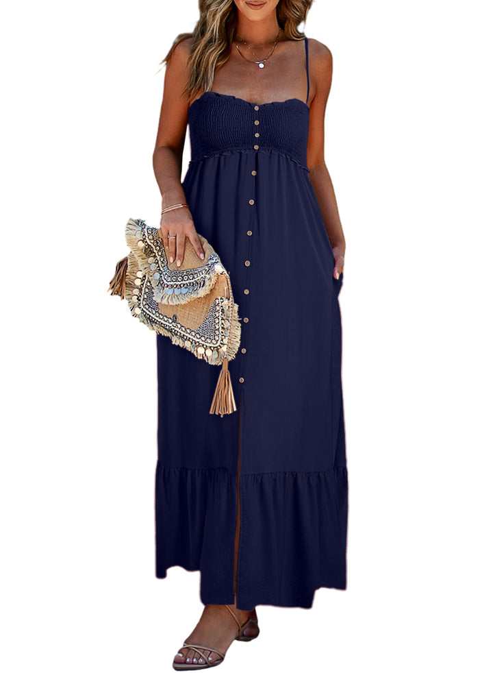 LC6118512-P605-S, LC6118512-P605-M, LC6118512-P605-L, LC6118512-P605-XL, Navy Blue Dokotoo Womens Summer Casual Dresses Sleeveless Spaghetti Strap Button Down Smocked Beach Long Maxi Dress with Pockets