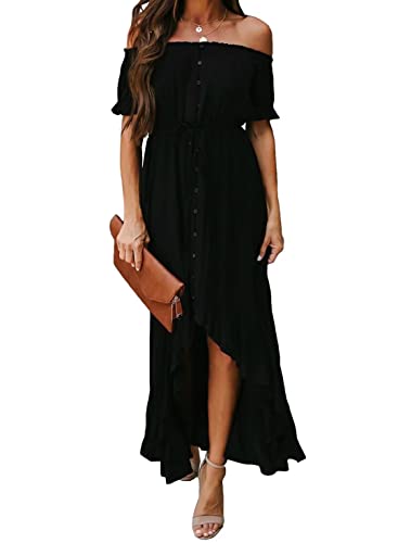 Dokotoo Womens 2023 Off The Shoulder Casual Short Sleeve Maxi Dress High Low Solid Cocktail Skater Dresses