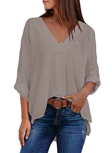 Dokotoo 2022 Womens Summer 3 4 Bell Sleeve/Short Sleeve V Neck Chiffon Tops Casual Solid Tops and Blouses Loose Shirts S-XXL