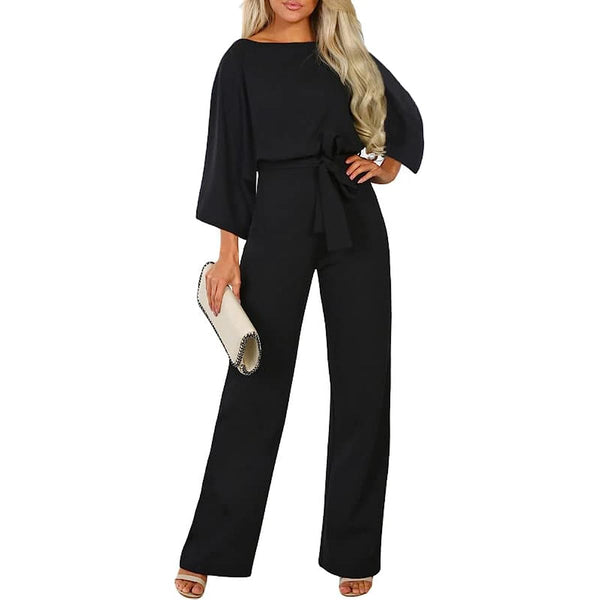 Dokotoo Jumpsuits for Women Casual Loose Batwing Sleeve Dressy Crewneck Rompers Long Pants Belted Wide Legs Overall