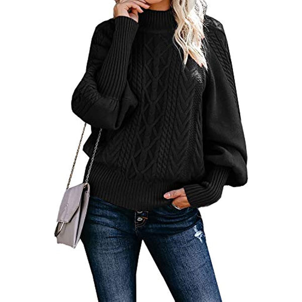Dokotoo Womens Winter Casual Long Sleeve Solid Color Cable Knit Balloon Sleeve Mock Neck Sweater