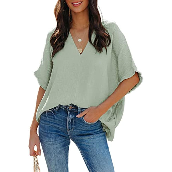 Dokotoo Casual Womens Short Sleeve V Neck Shirts Oversized Solid Blouses Tops