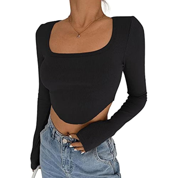 Dokotoo Womens Square Neck Long Sleeve Crop Tops Sexy Slim Fit Ribbed Workout Casual Basic Tees T-Shirt