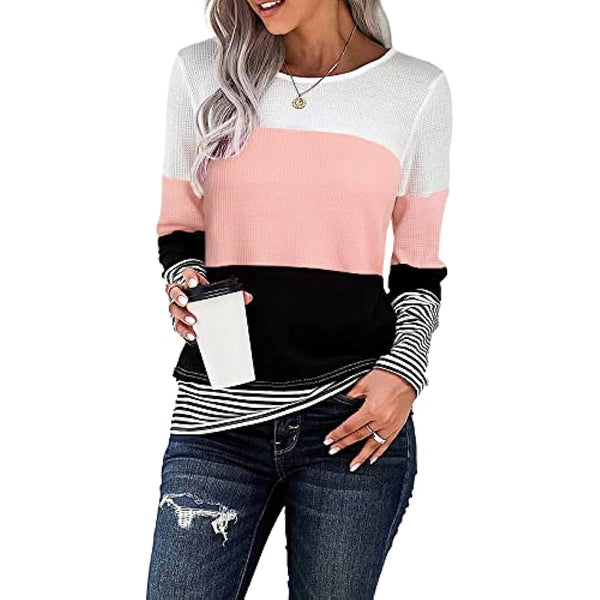 Dokotoo Womens Fashion 2022 Sweaters Casual Long Sleeve Crewneck Color Block Patchwork Pullover Waffle Knit Sweater Tops