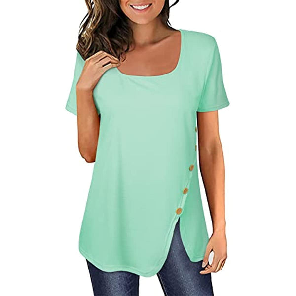 Dokotoo Womens Summer Tops Short Sleeve Tees Square Neck Casual T Shirts Loose Button Down Shirt Tunic Tops