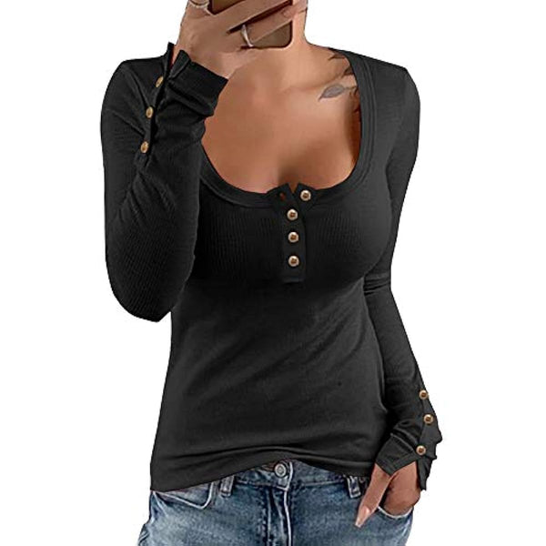 Dokotoo Women's Long Sleeve Scoop Neck Henley T Shirts Button Down Slim Fit Tops Ribbed Knit Shirts