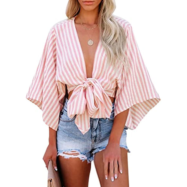 Dokotoo Womens Sexy Casual Striped Tie Knot Front Crop Tops Deep V Neck Chiffon Short Blouse Shirts