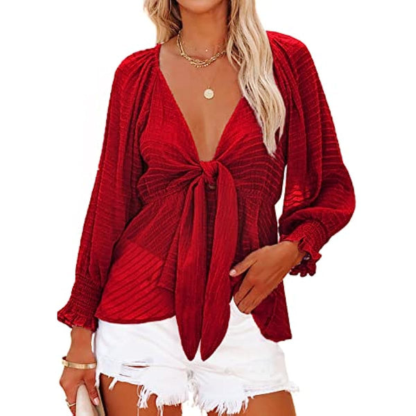 Dokotoo Womens Summer Tops Deep V Neck Front Tie Knot Long Sleeve Shirts Babydoll Blouses
