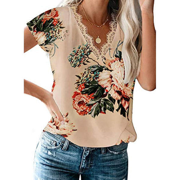 Dokotoo Women's V Neck Lace Trim Tops Casual Loose Short Sleeve Blouses Shirts