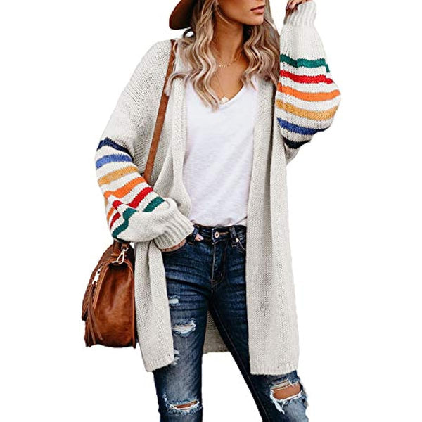 Dokotoo Women's Long Open Front Cardigans Striped Color Block Loose Knit Sweaters Outwear Coat