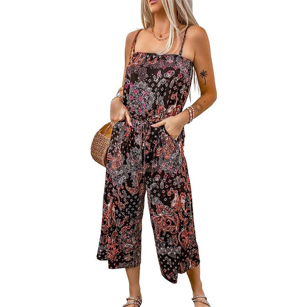 Dokotoo Women's Casual Jumpsuits for Women Floral Print Bohemian One Piece Sleeveless Long Pant Romper Jumpsuit with Pockets