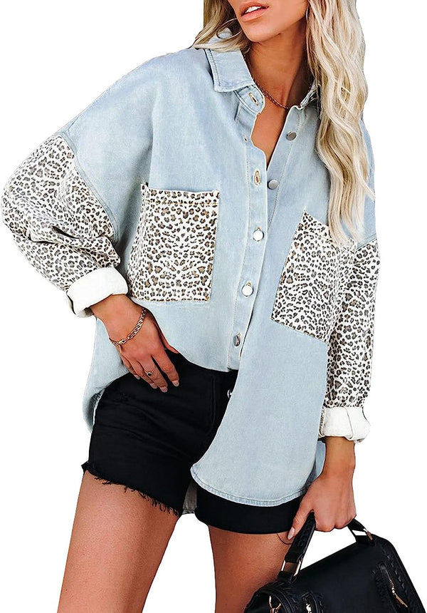 Dokotoo Womens Contrast Leopard Denim Jacket Long Sleeve Button Down Shirts Boyfriend Oversized Blouses Tops